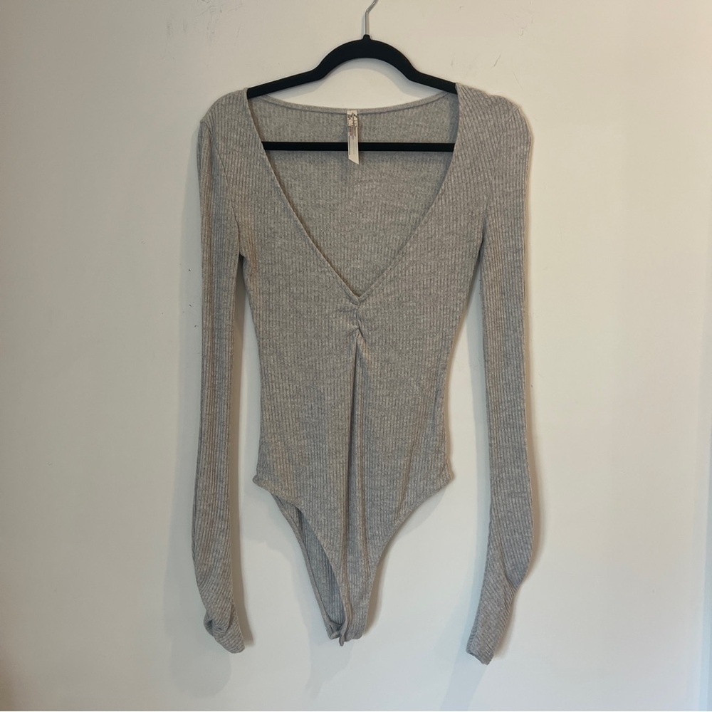 Free People Light Gray Ribbed Bodysuit
